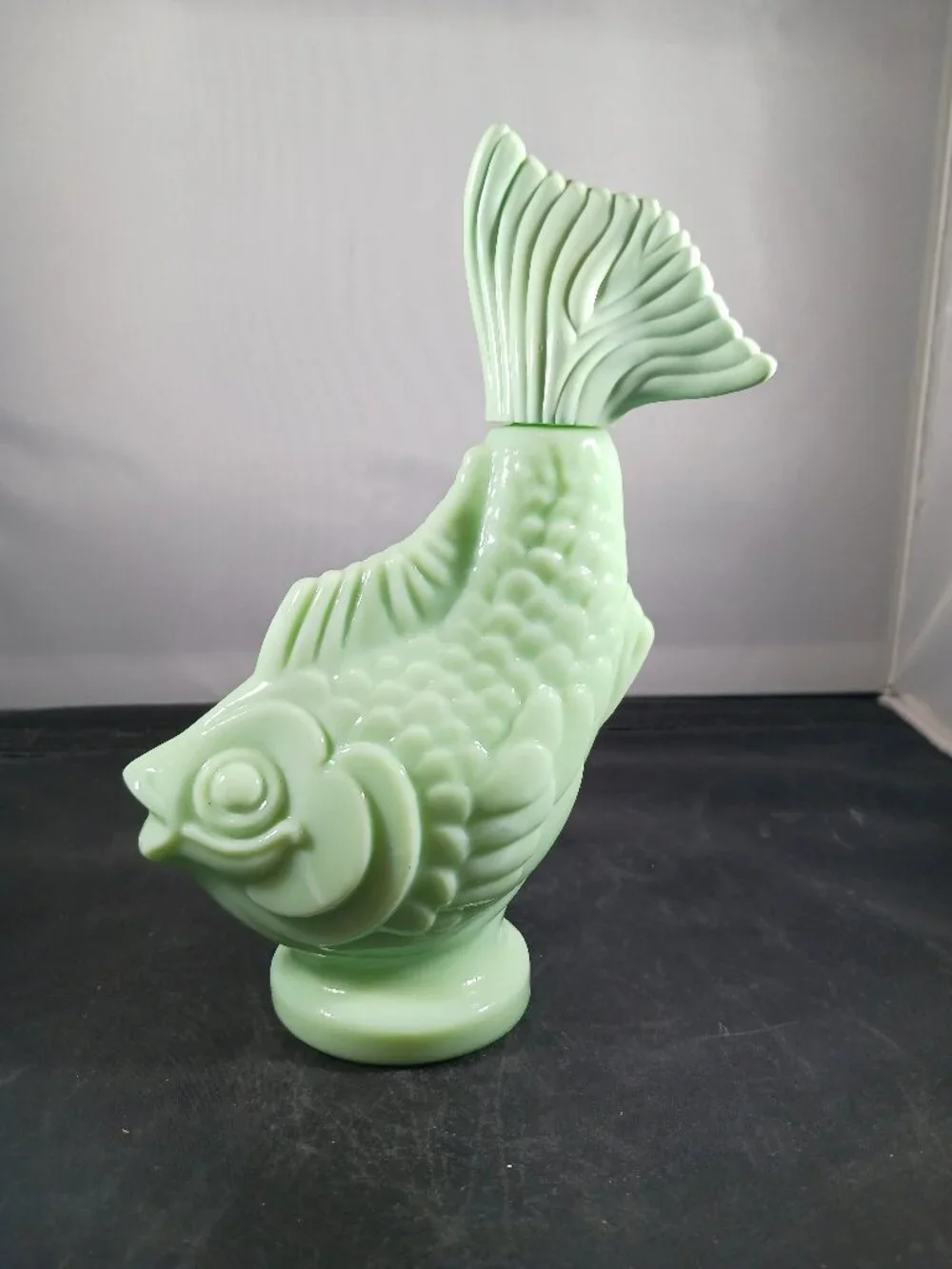Avon Vintage Sea Spirit Jadeite Koi Fish Green Milk Glass Decanter